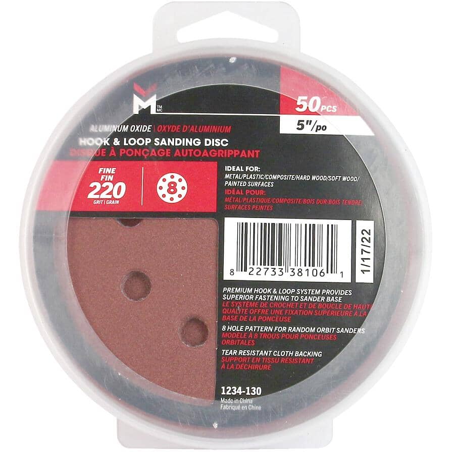 5" 220 Grit Aluminum Oxide Hook & Loop Sanding Discs, with 8 Vacuum Holes - 50 Pack