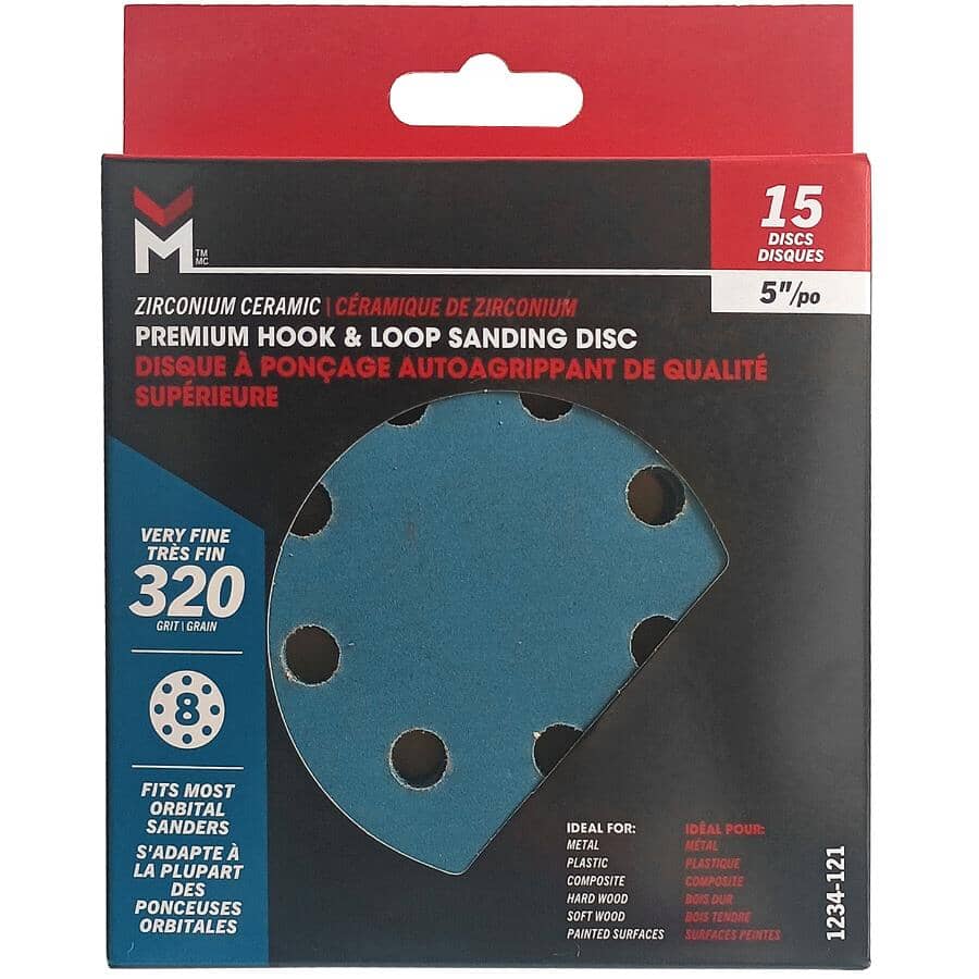 5" 320 Grit Zirconium Ceramic Hook & Loop Sanding Discs, with 8 Vacuum Holes - 15 Pack