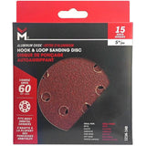 5" 60 Grit Aluminum Oxide Hook and Loop Sanding Discs, with 8 Vacuum Holes - 15 Pack
