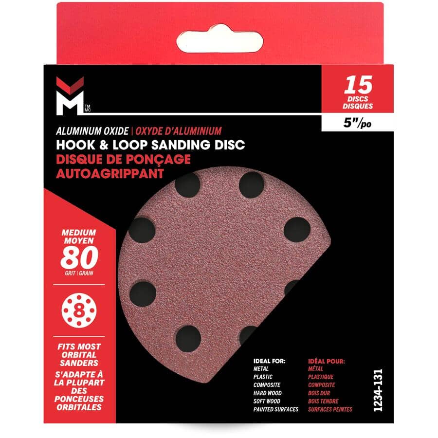 5" 80 Grit Aluminum Oxide Hook and Loop Sanding Discs, with 8 Vacuum Holes - 15 Pack