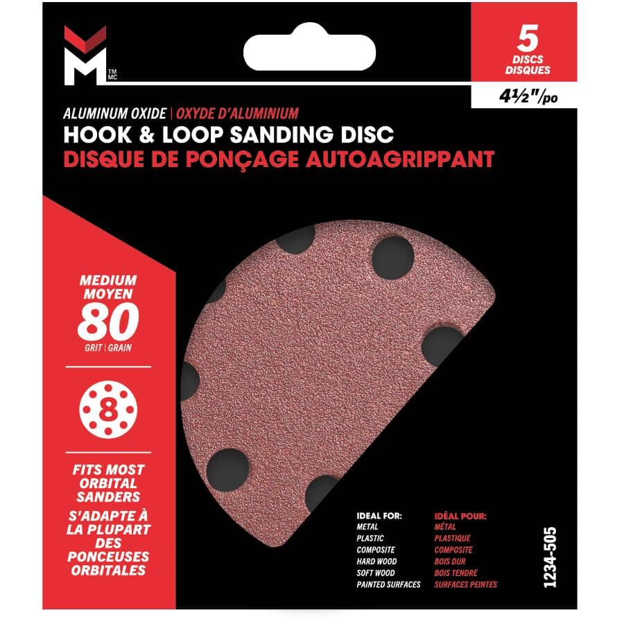 5 Pack 4.5" 80 Grit Aluminum Oxide Hook and Loop Sanding Discs, with 8 Vacuum Holes