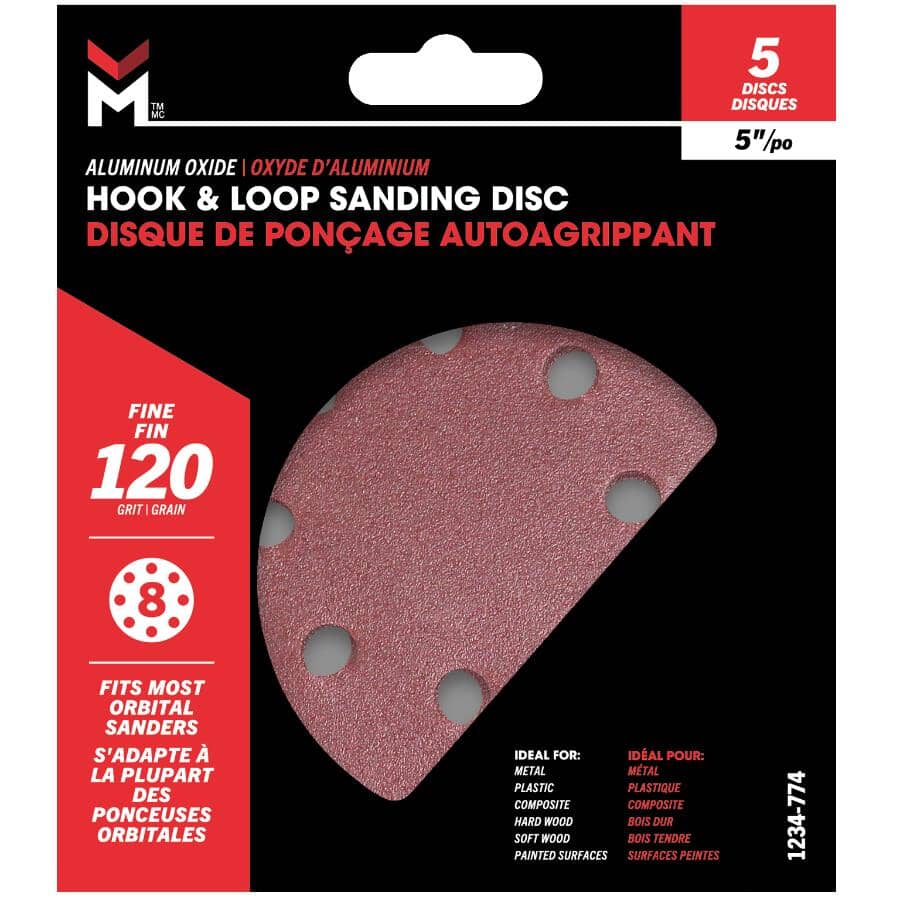 5 Pack 5" 120 Grit Aluminum Oxide Hook and Loop Sanding Discs, with 8 Vacuum Holes