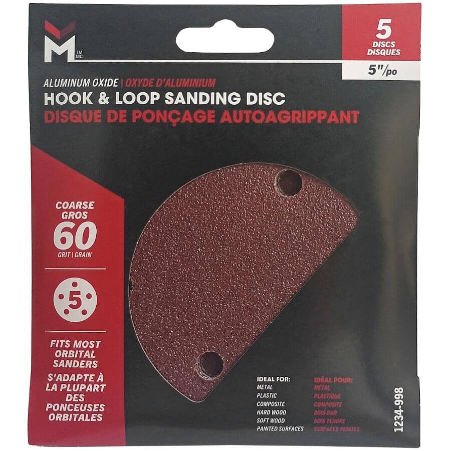 5 Pack 5" 60 Grit Aluminum Oxide Hook and Loop Sanding Discs, with 5 Vacuum Holes