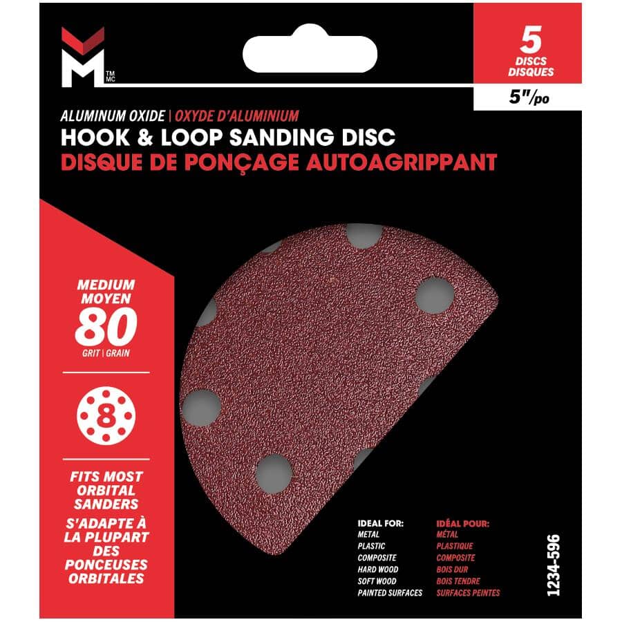5 Pack 5" 80 Grit Aluminum Oxide Hook and Loop Sanding Discs, with 8 Vacuum Holes