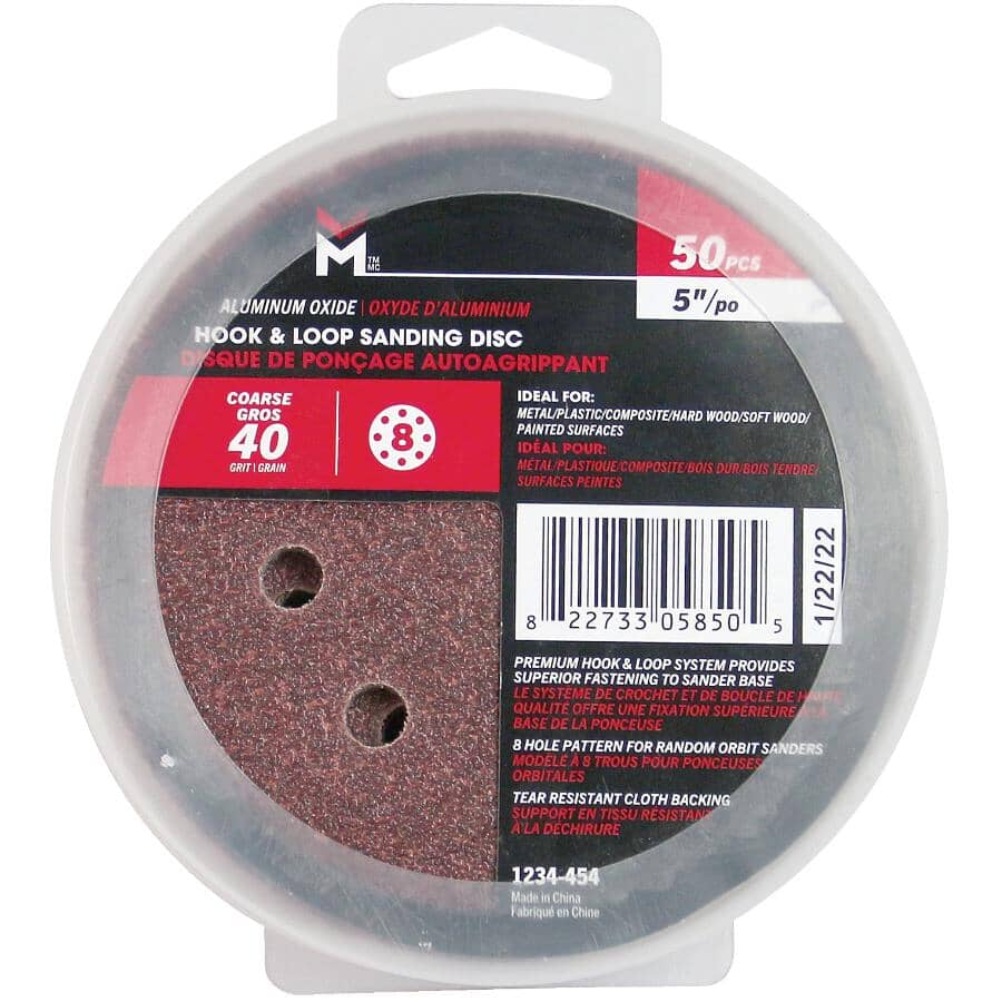 50 Pack 5" 40 Grit Aluminum Oxide Hook and Loop Sanding Discs, with 8 Vacuum Holes