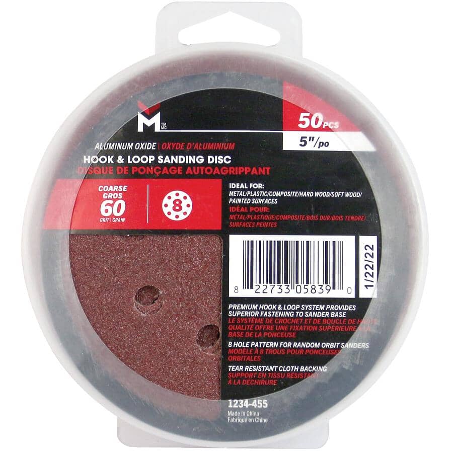 50 Pack 5" 60 Grit Aluminum Oxide Hook and Loop Sanding Discs, with 8 Vacuum Holes