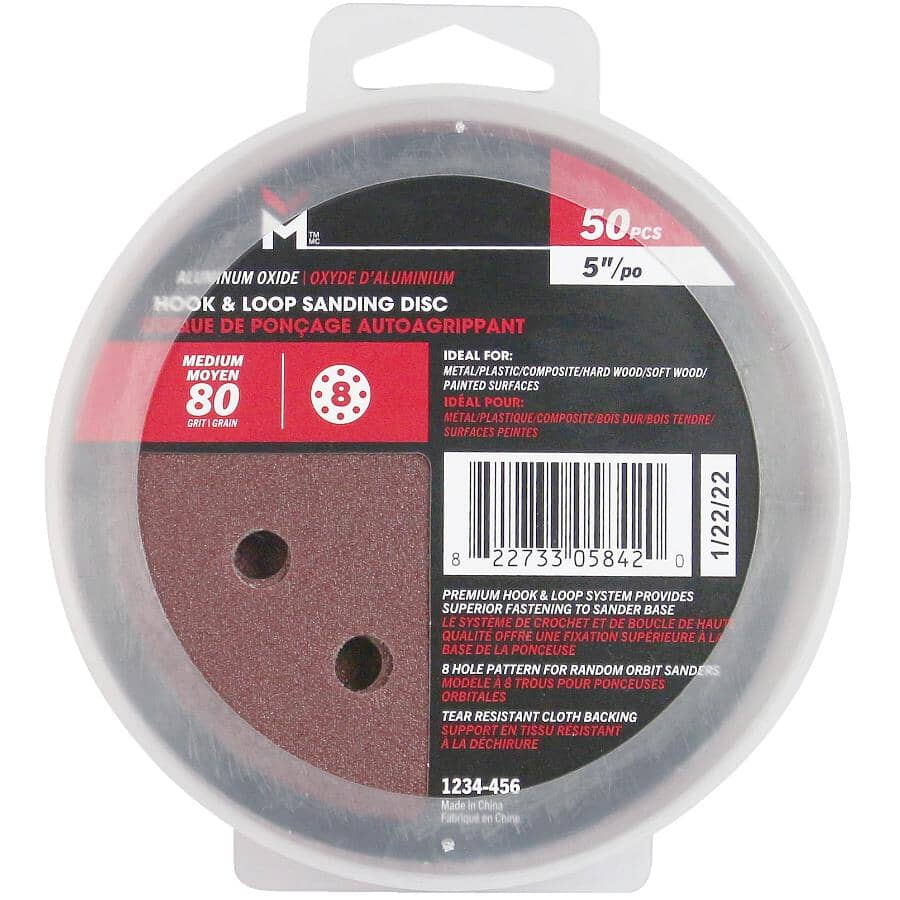 50 Pack 5" 80 Grit Aluminum Oxide Hook and Loop Sanding Discs, with 8 Vacuum Holes