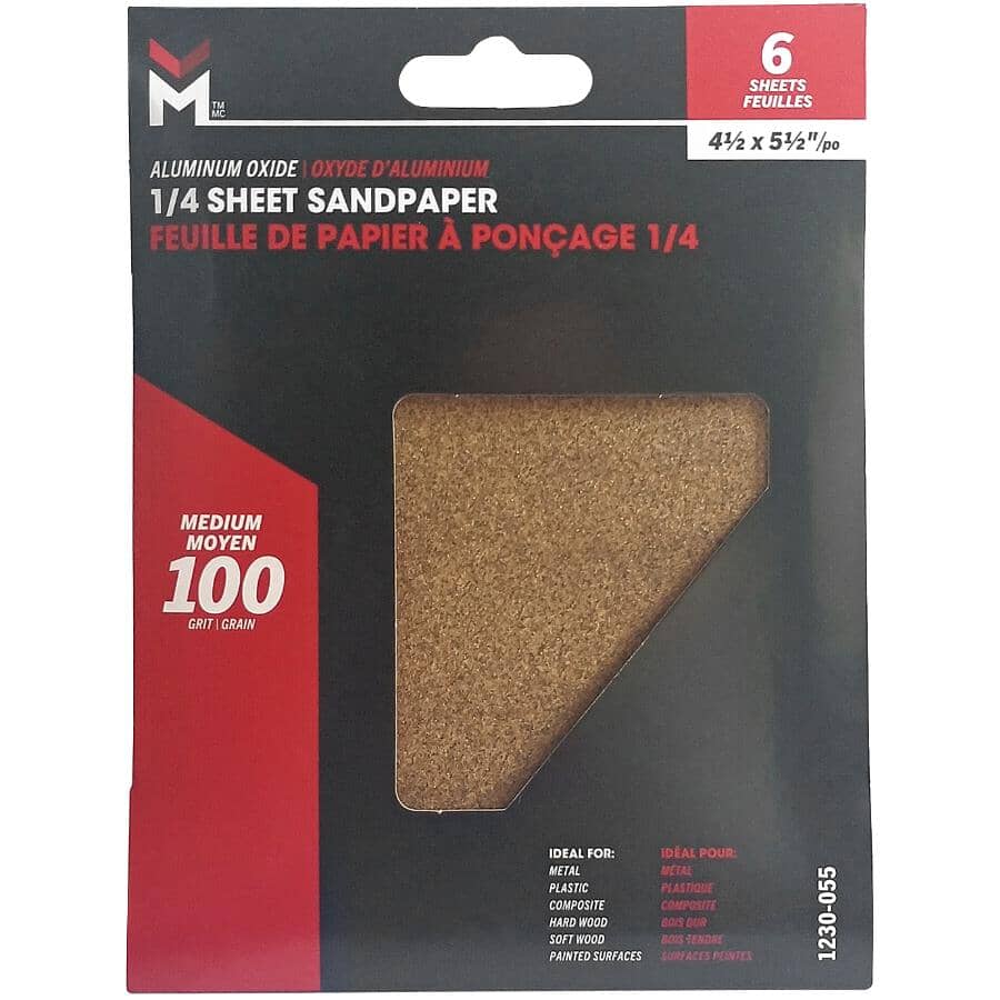 6 Pack 100 Grit 1/4 Sheet Aluminum Oxide Sandpaper