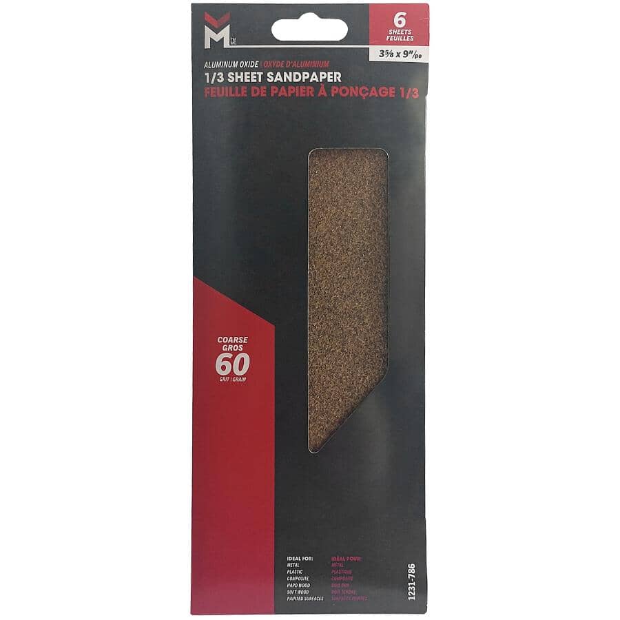 6 Pack 1/3 Sheet 60 Grit Aluminum Oxide Sandpaper