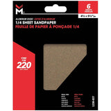 6 Pack 220 Grit 1/4 Sheet Aluminum Oxide Sandpaper