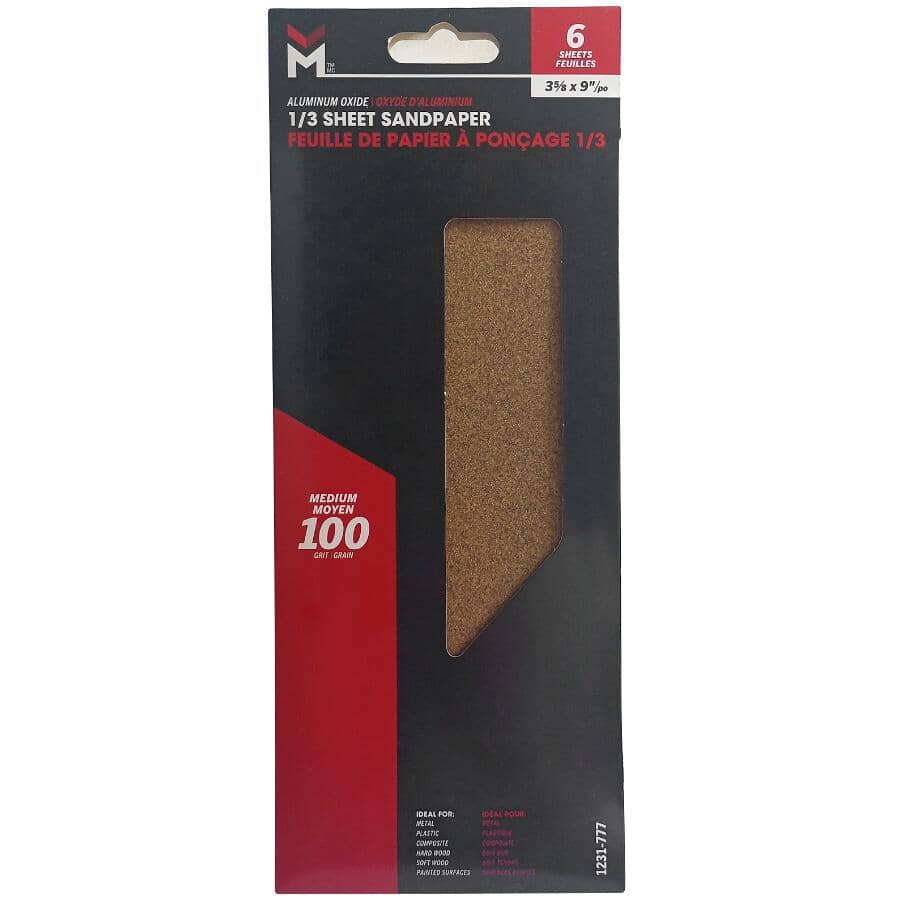 6 Pack 9" x 11" 1/3 Sheet 100 Grit Aluminum Oxide Sandpaper