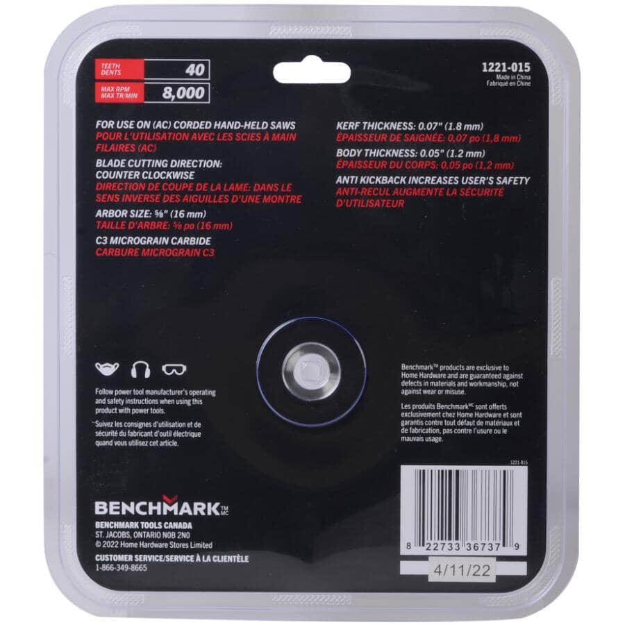 7-1/4" 40 Tooth Carbide Circular Saw Blade