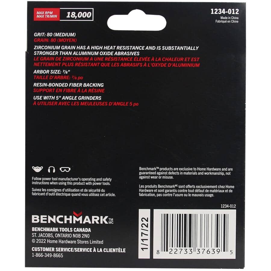 80 Grit 5" x 7/8" Resin Fibre Discs - 5 Pack