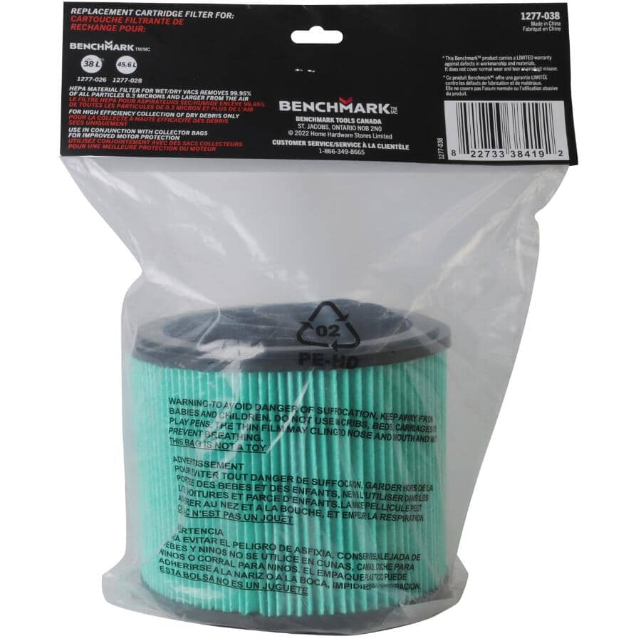 Wet / Dry Vacuum Replacement Hepa Cartridge Filter - 38 L & 45.6 L