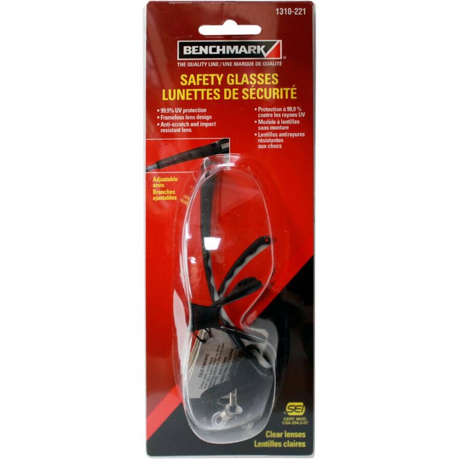 Wrap Around Frameless Safety Glasses - Clear with Black Arms