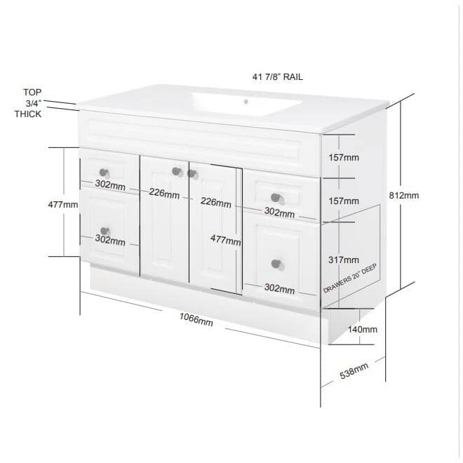42" W x 21" D Halifax Vanity with Cultured Marble Top - 2 Doors + 4 Drawers, White