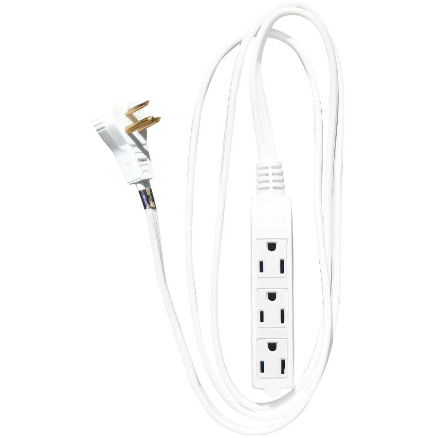 3 Outlet Angled Plug Indoor Extension Cord - White, 1.8 m