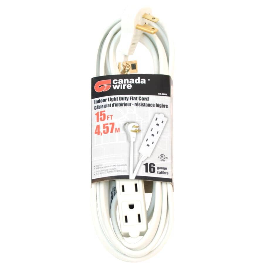3 Outlet Flat Plug Indoor Extension Cord - White, 4.5 m