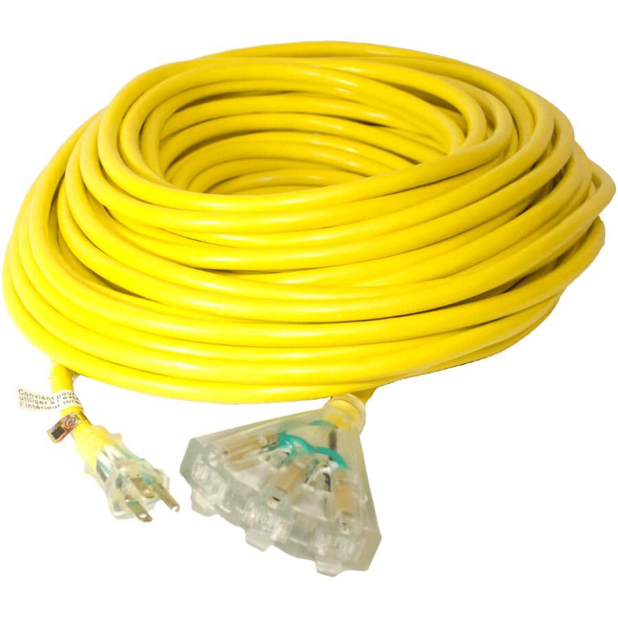 SJTW Yellow Outdoor Lighted Extension Cord -  3 Outlets, 30 m