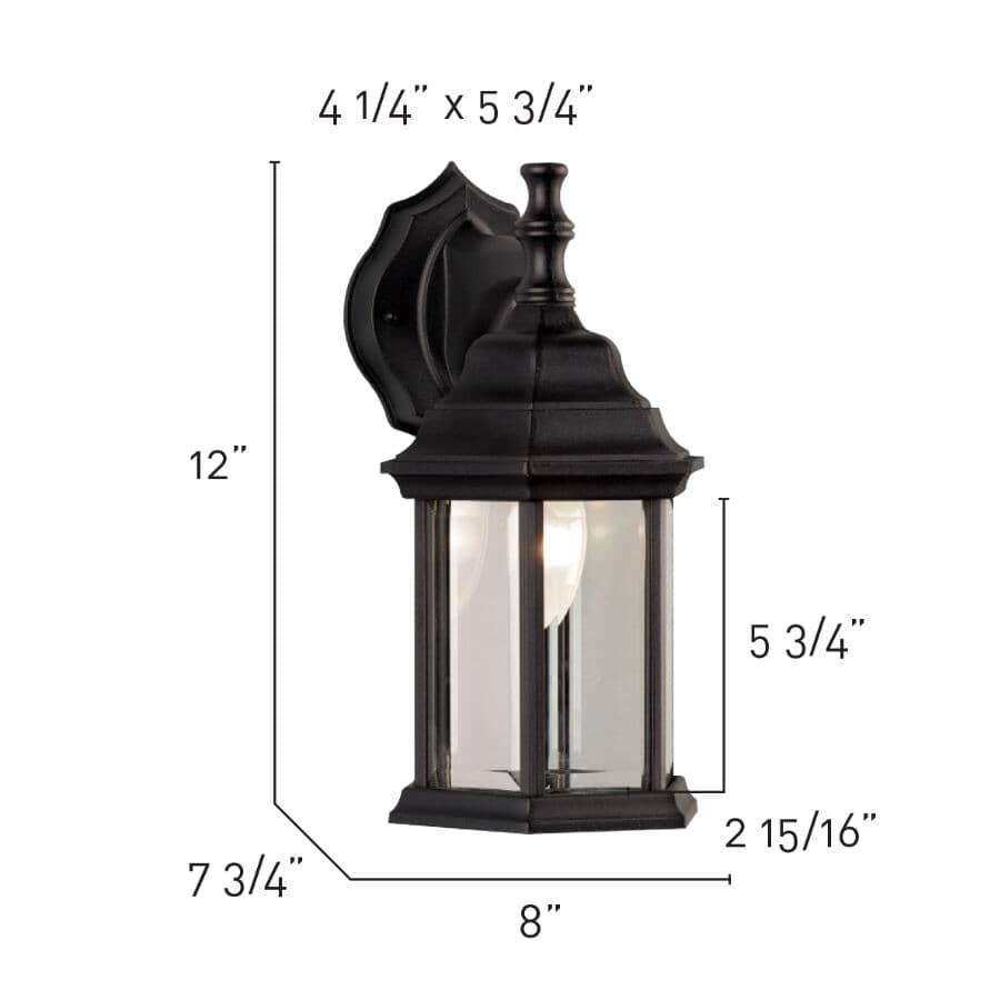Outdoor Downward Coach Light Fixture - Black with Clear Bevelled Glass, 12"