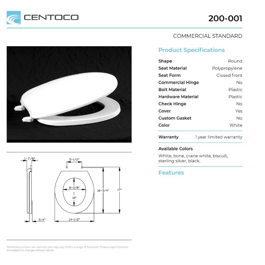 Round Plastic Toilet Seat - with Closed Front, White