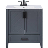 30" W x 18" D Saffron Vanity with Vitreous China Top - Two Doors + Single Drawer, Dark Blue
