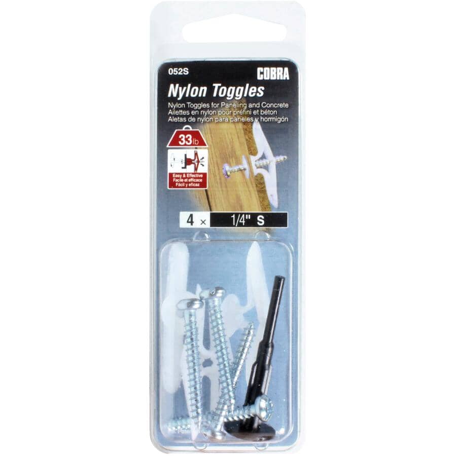 4 Pack 1/4" Short Light Duty Nylon Toggle Anchors, with Screws