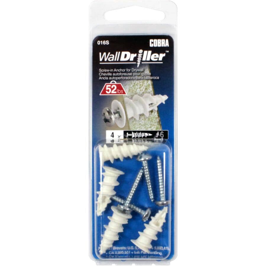 4 Pack #6 Nylon Walldriller Anchors, with Screws
