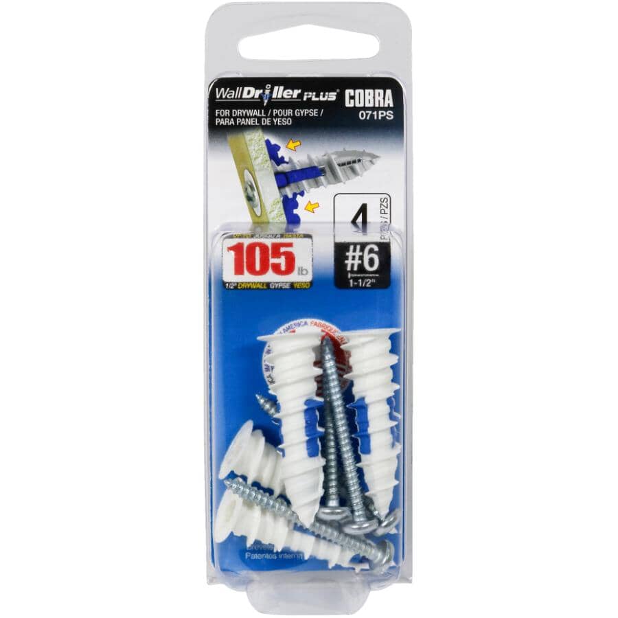 #6 WallDriller Plus Anchors - with Screws, 4 Pack