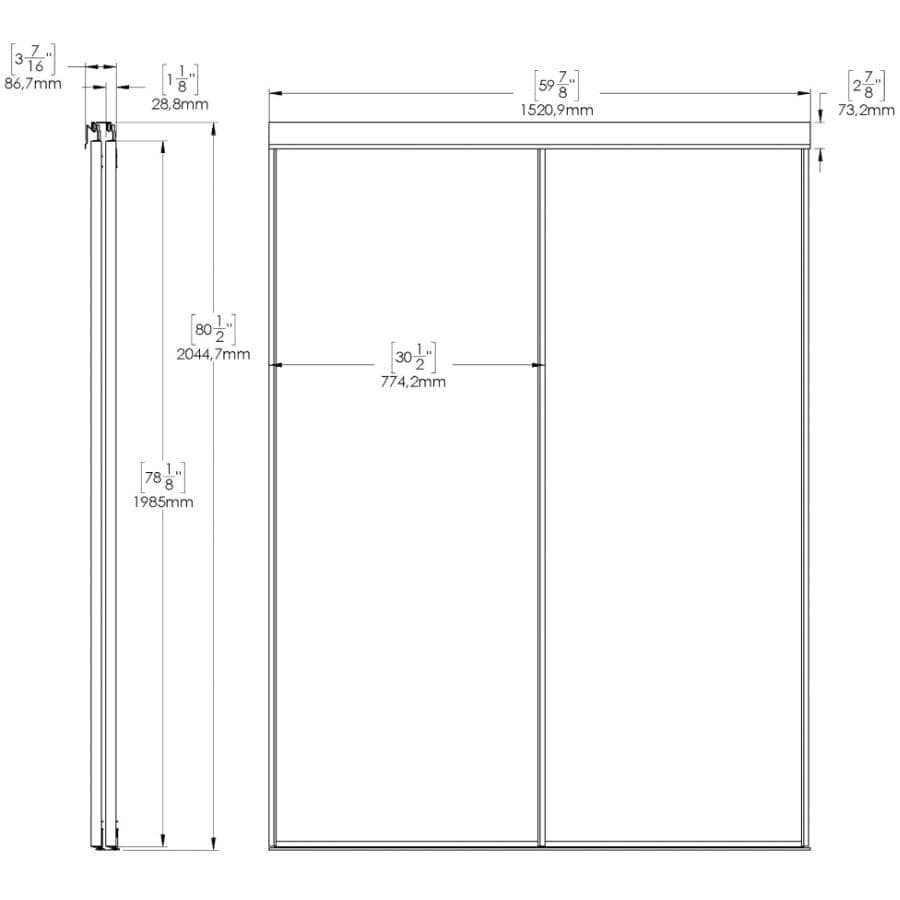 Mirror Sliding Closet Door - Top Roll + White, 60" x 80"
