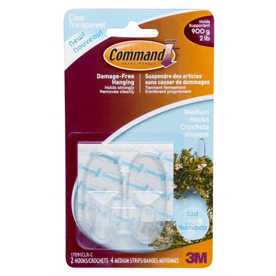 2 Hooks Plus 4 Strips Clear Medium Adhesive Hooks
