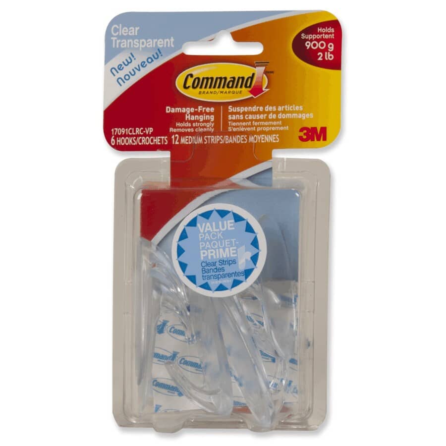 6 Hooks Plus 12 Strips Clear Medium Adhesive Hooks