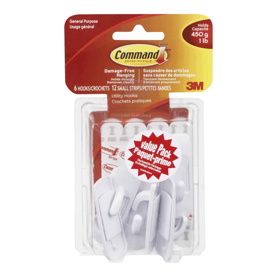 6 Hooks Plus 12 Strips White Small Adhesive Hooks