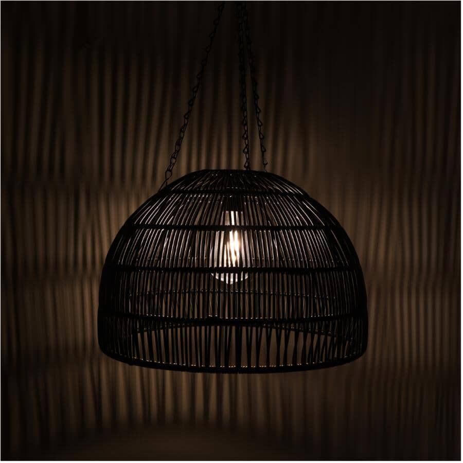 Solar Hanging Lantern with Rattan Style Shade - Black Finish, Warm White