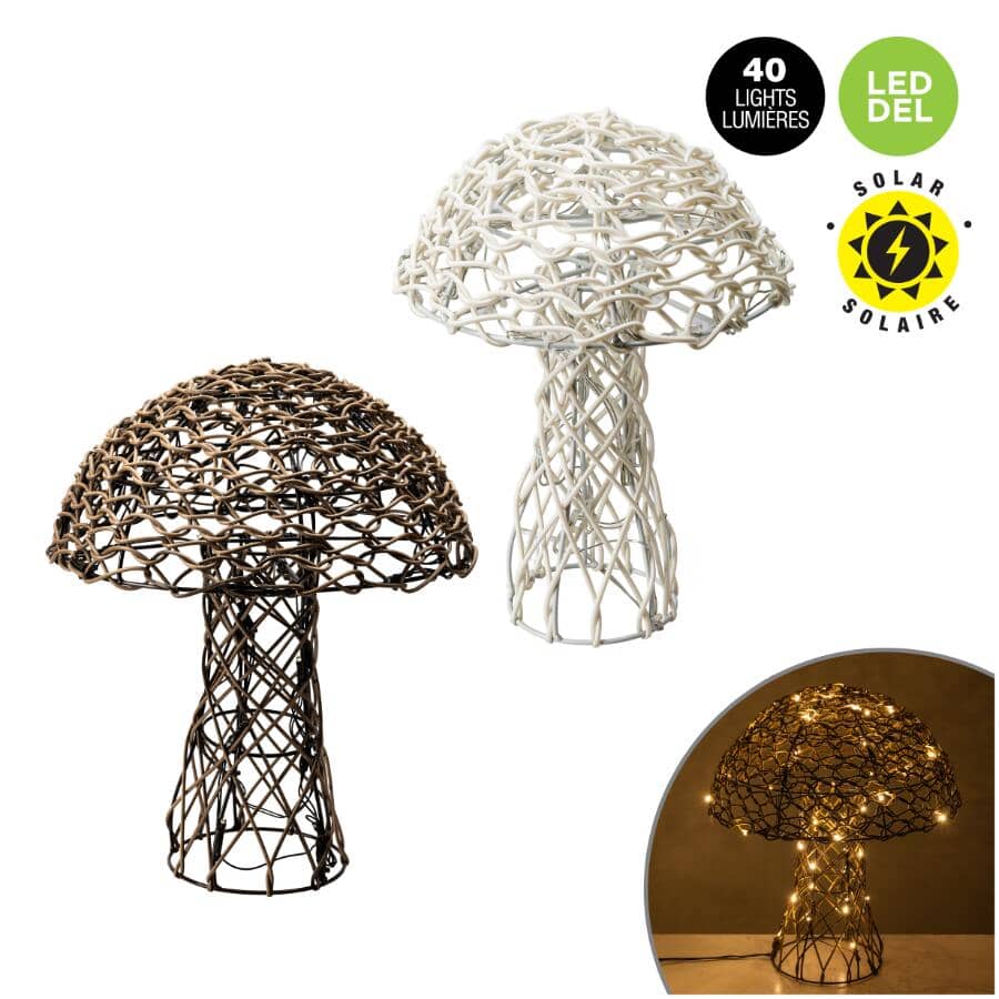 Solar LED Wicker Mushrooms - 40 Lights, White & Brown