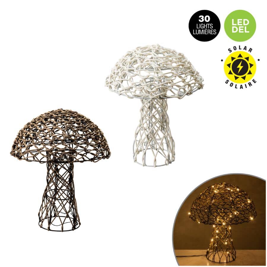 Solar LED Wicker Mushrooms - 30 Lights, White & Brown