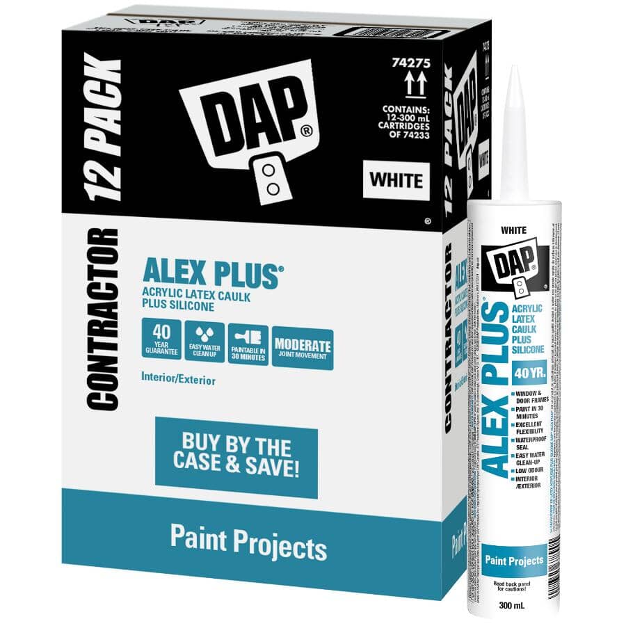 Alex Plus Acrylic Latex Caulk Plus Silicone - Brilliant White, 300 ml, 12 Pack