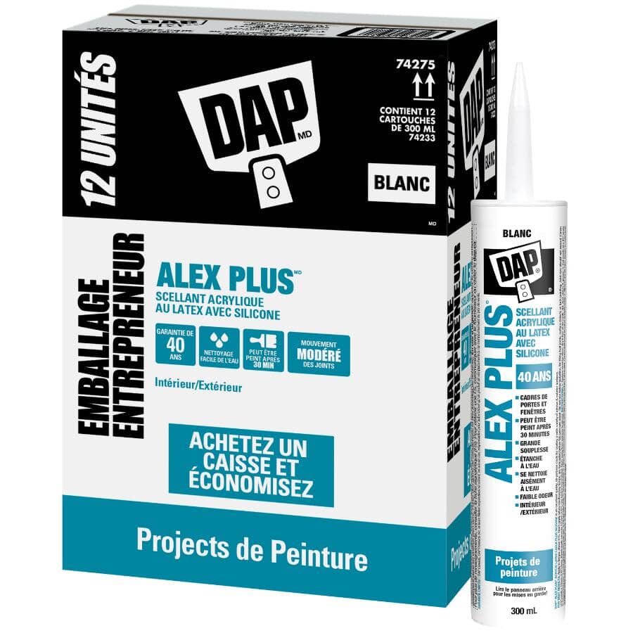 Alex Plus Acrylic Latex Caulk Plus Silicone - Brilliant White, 300 ml, 12 Pack