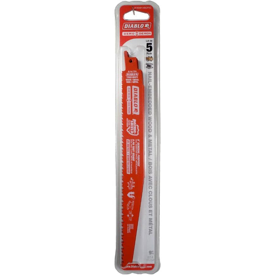 5 Pack 9" 8/14 Tooth Multi Purpose Reciprocating Saw Blades