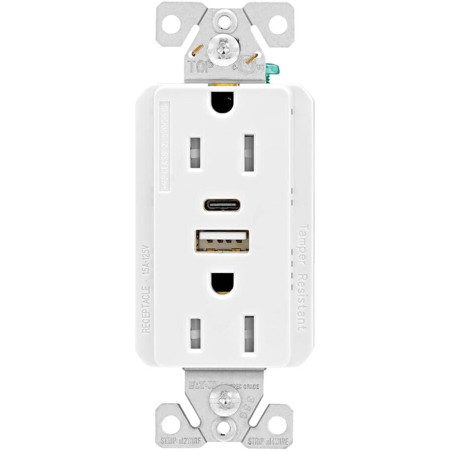 USB A/C Chargers with 15 Amp Tamper Resistant Decorator Receptacle -  5 Amp, White