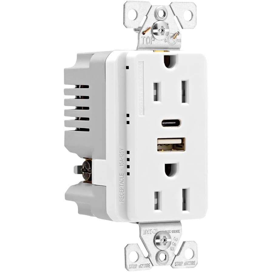 USB A/C Chargers with 15 Amp Tamper Resistant Decorator Receptacle -  5 Amp, White
