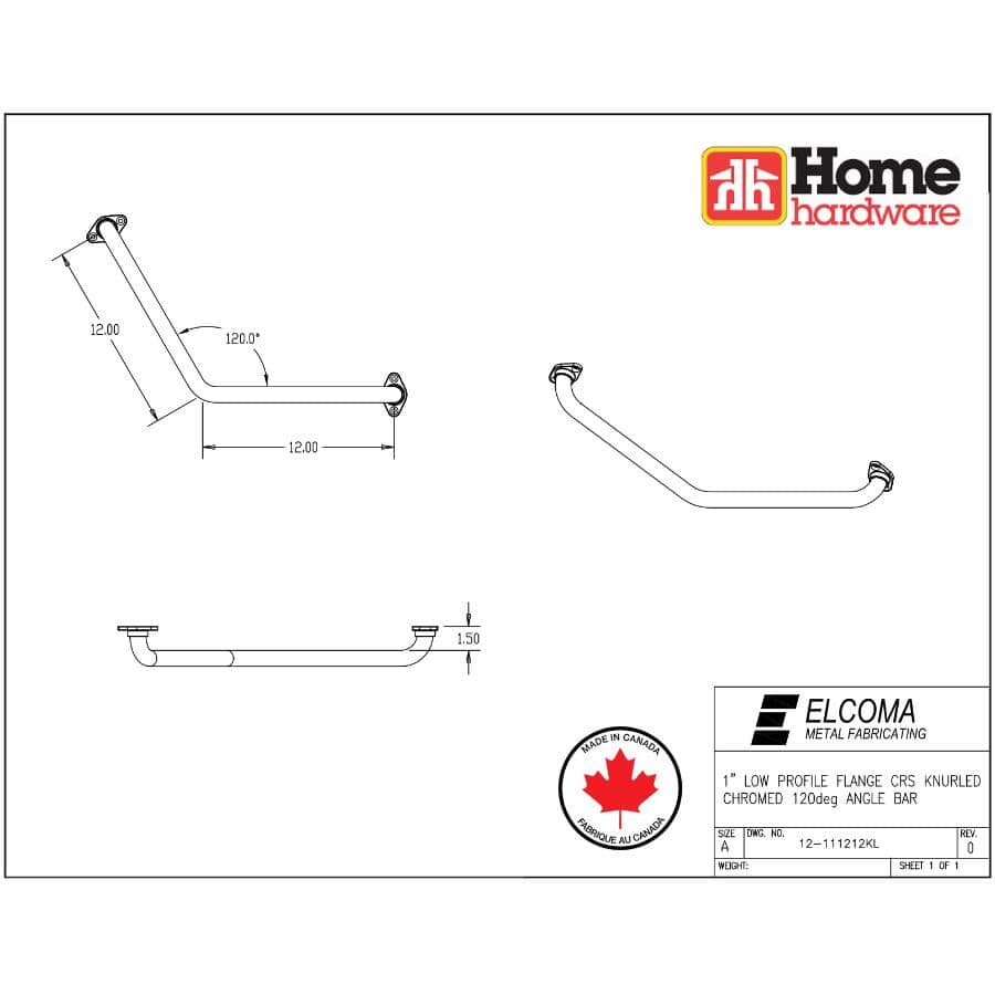 12" x 12" Angled Grab Bar - Chrome