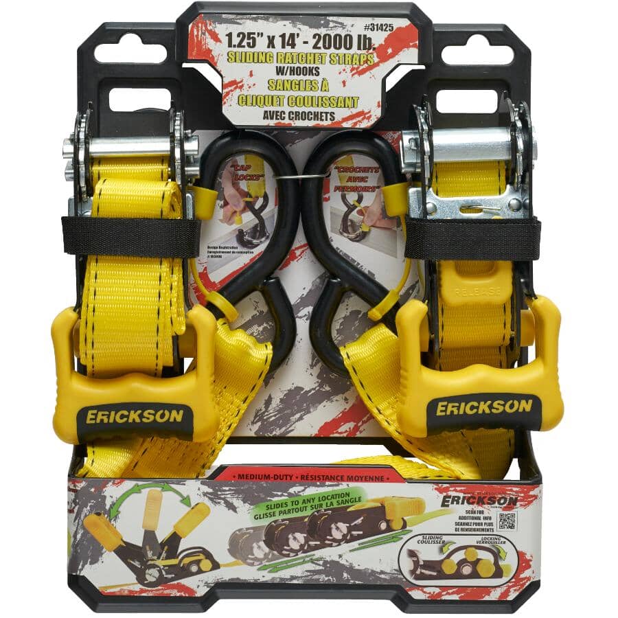 2000 lb Sliding Ratchet Straps - 1.25" x 14', 2 Pack