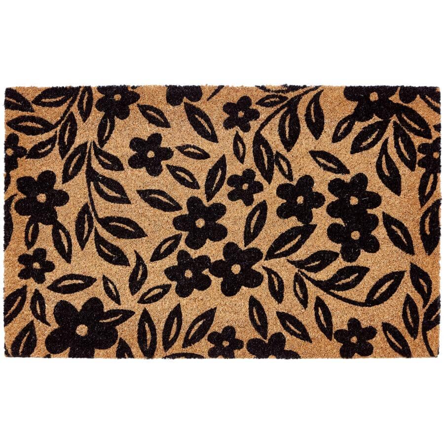 Black Floral Coir Door Mat - 18" x 30"