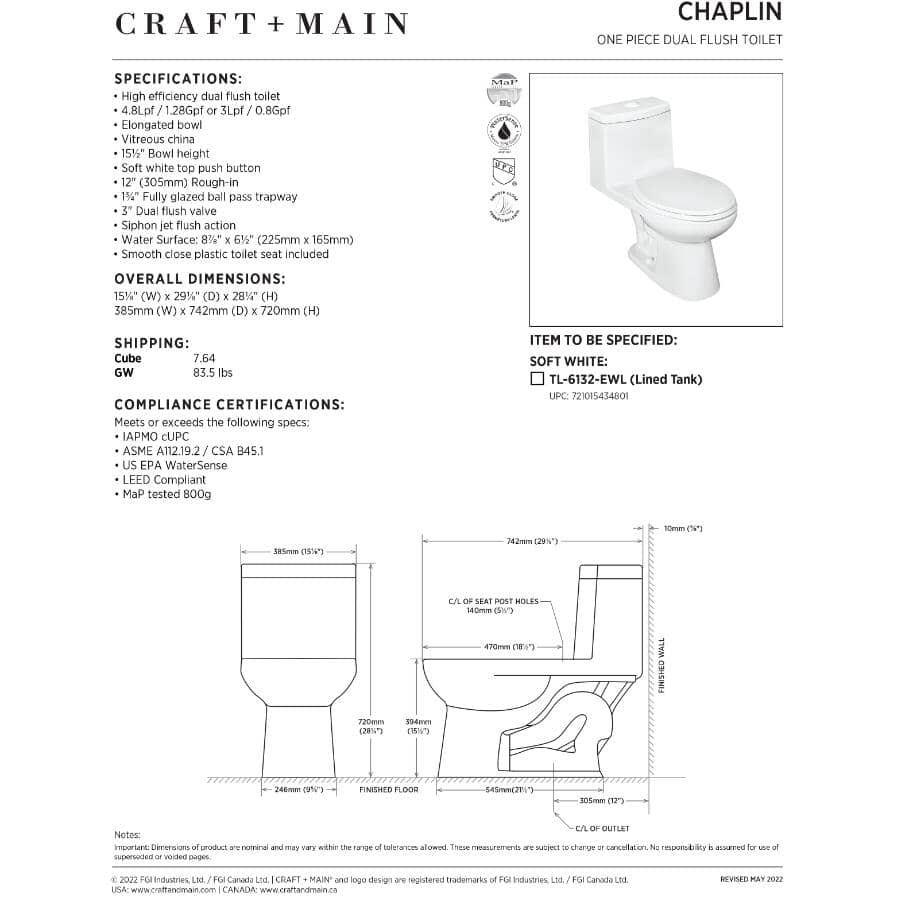 3 L/4.8 L Chaplin High Efficiency Dual Flush Elongated Toilet - White
