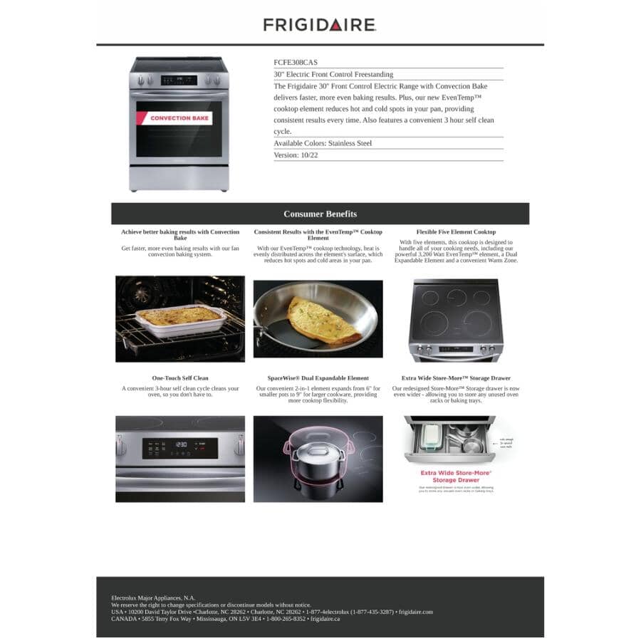 30" 5.3 cu. ft. Freestanding Smooth Top Electric Range (FCFE308CAS) - Convection + Self-Cleaning, Stainless Steel