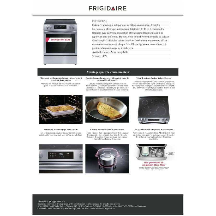 30" 5.3 cu. ft. Freestanding Smooth Top Electric Range (FCFE308CAS) - Convection + Self-Cleaning, Stainless Steel