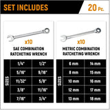 Metric & SAE Ratchet Wrench Set - 20 Piece