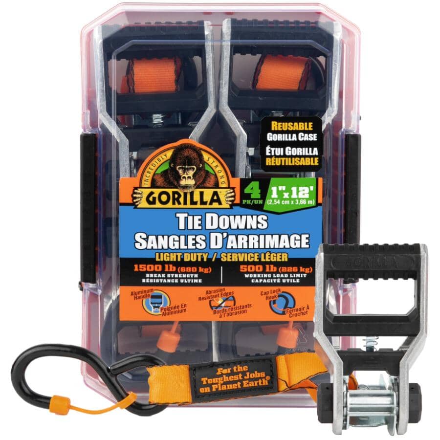 1500 lb Light Duty Ratchet Straps - 1" x 12', 4 Pack