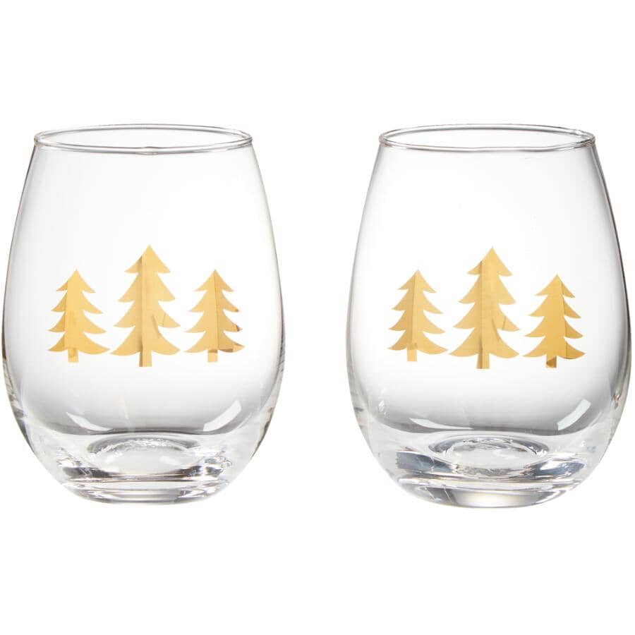 Stemless Wine Glasses - with Gold Tree Design, 2 Pack